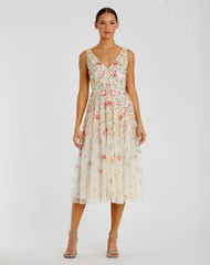 V-Neck Sleeveless Midi Floral Beaded A-line Dress