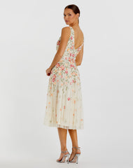 White V-Neck Sleeveless Midi Floral Beaded A-line Dress
