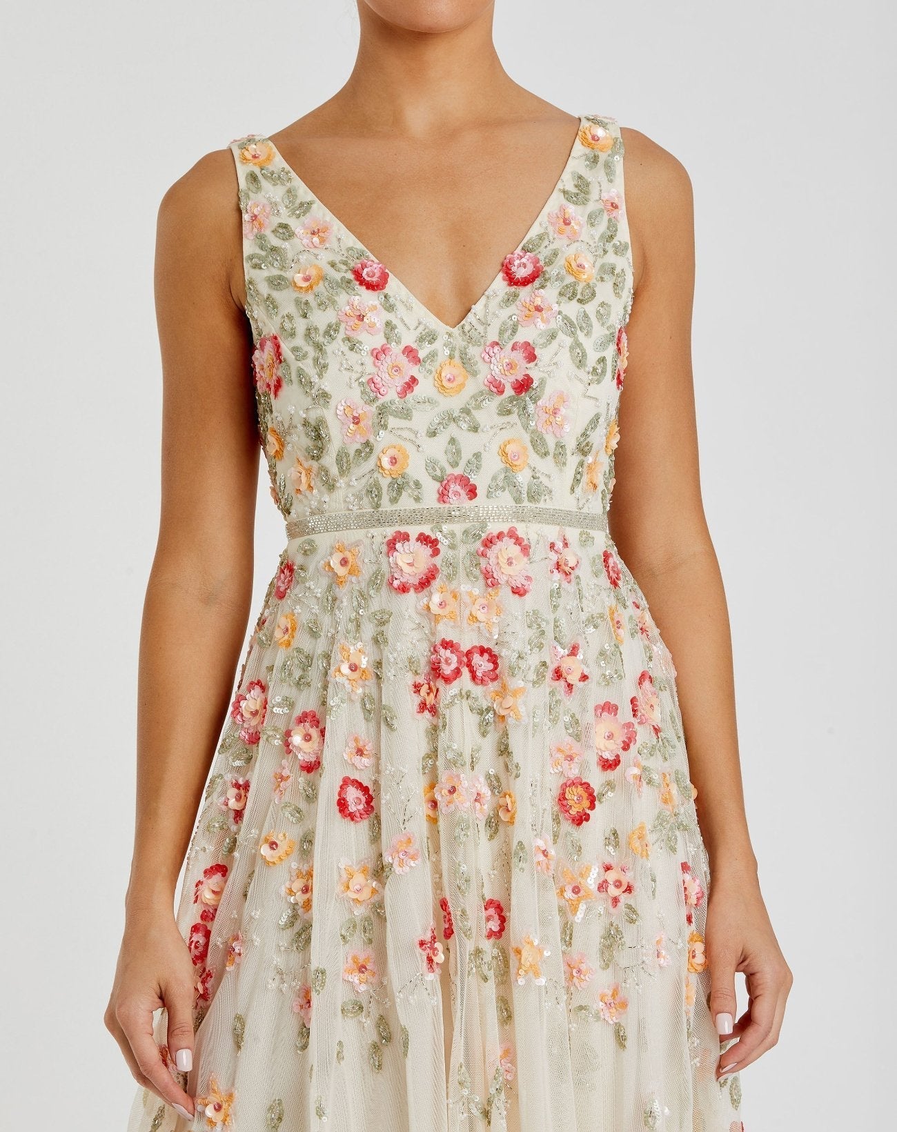 White V-Neck Sleeveless Midi Floral Beaded A-line Dress
