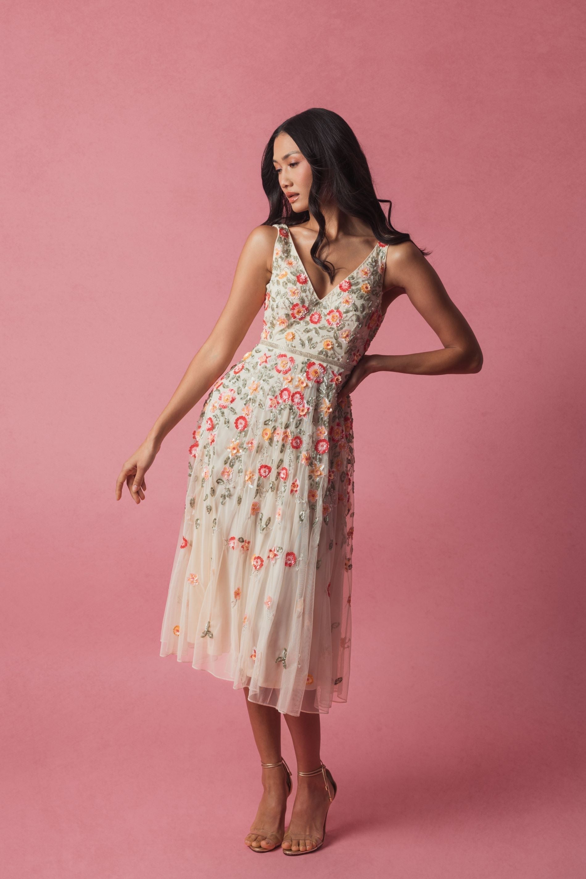 White V-Neck Sleeveless Midi Floral Beaded A-line Dress