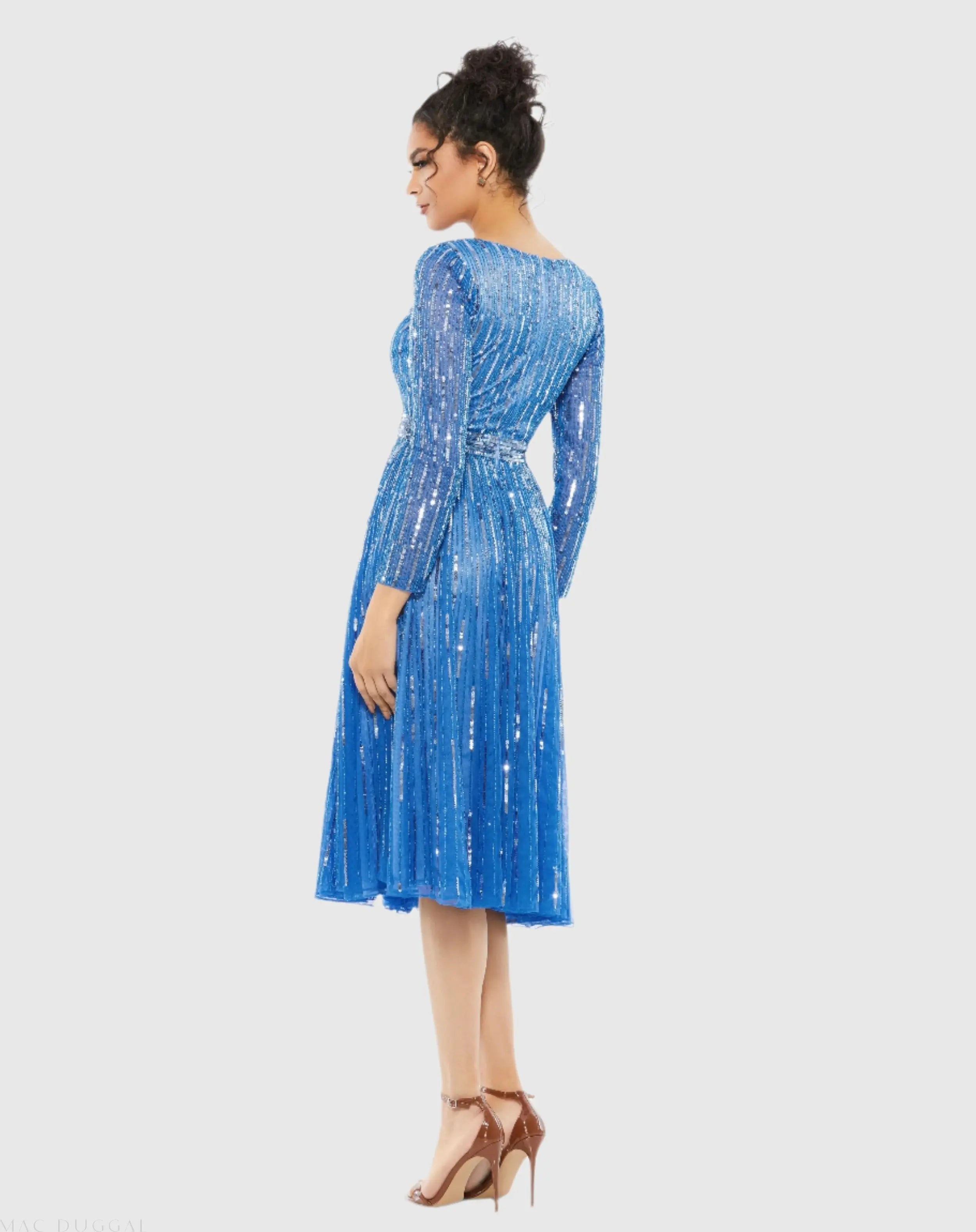 Blue Long Sleeve Tea Length Dress