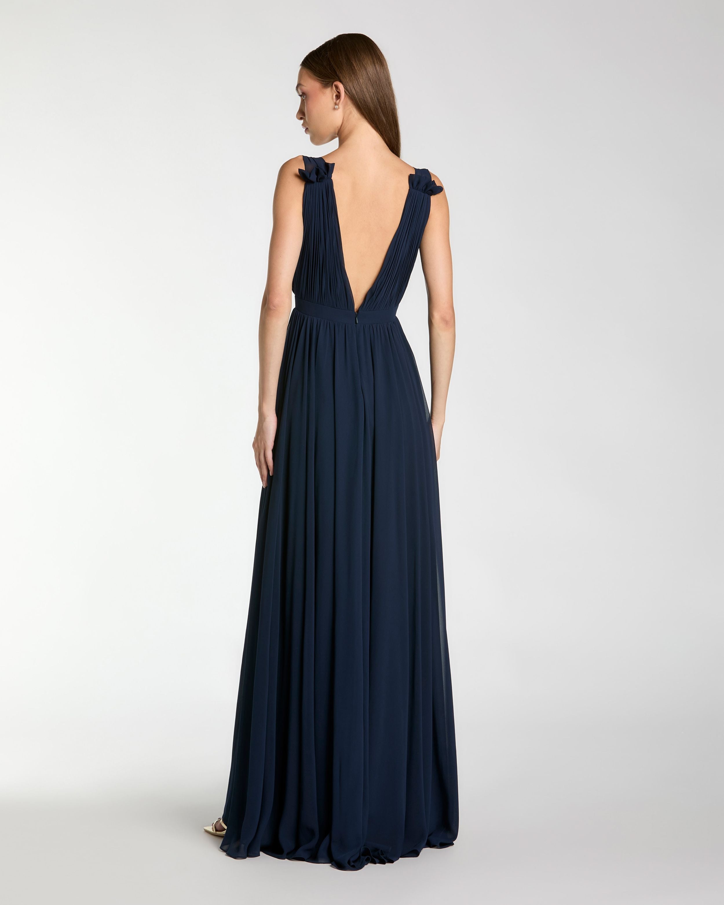 Navy Sleeveless Pleated Chiffon V-Neck Gown