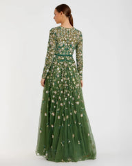 Green Embellished High Neck Long Sleeve A Line Gown