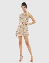 Pink Sequined Floral Detail Sleeveless Mini Dress