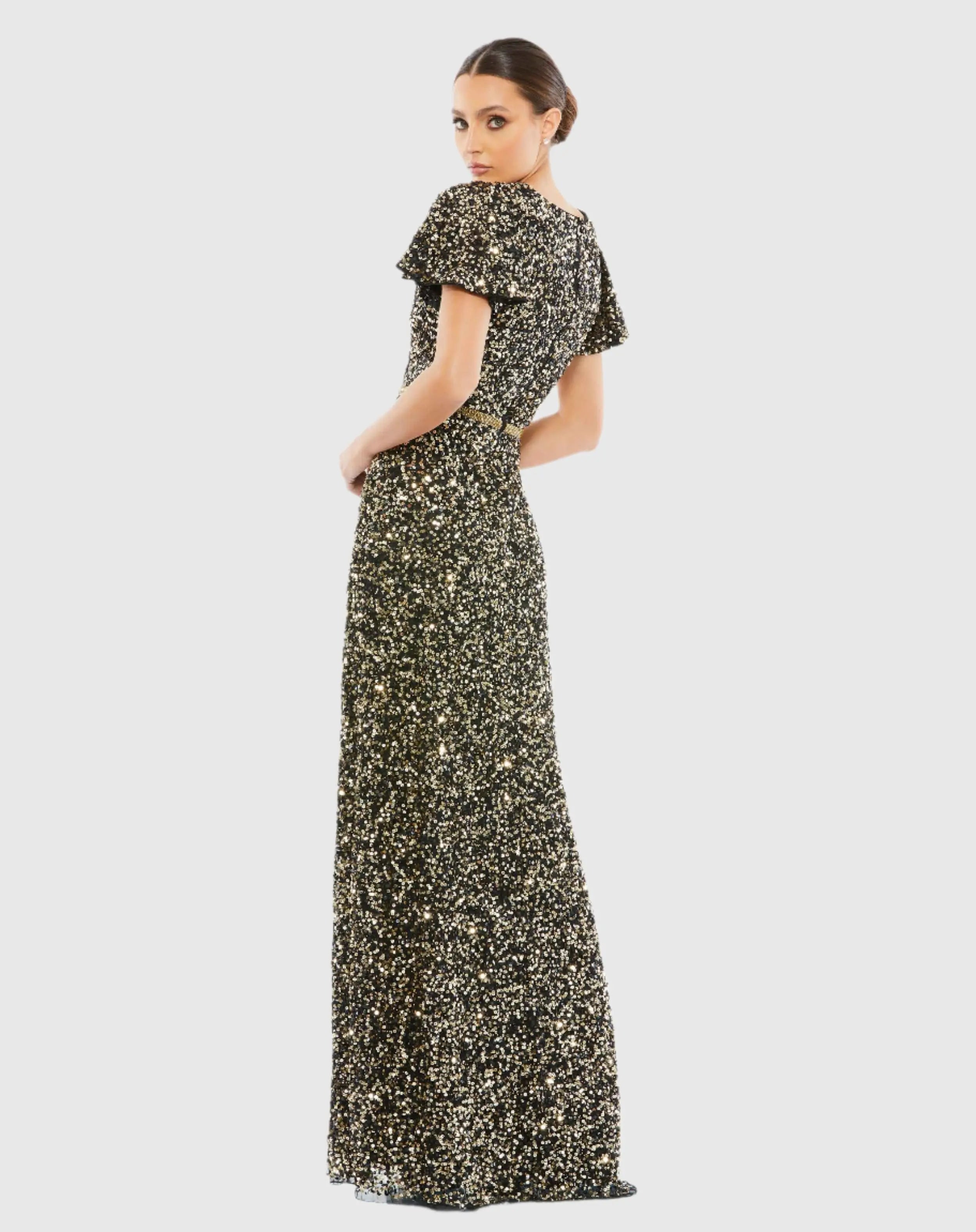 Black and Gold Sequined Wrap Over Butterfly Sleeve Draped Gown
