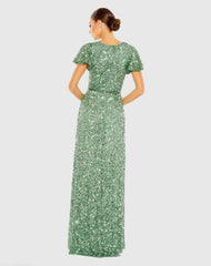 Green Sequined Wrap Over Butterfly Sleeve Draped Gown