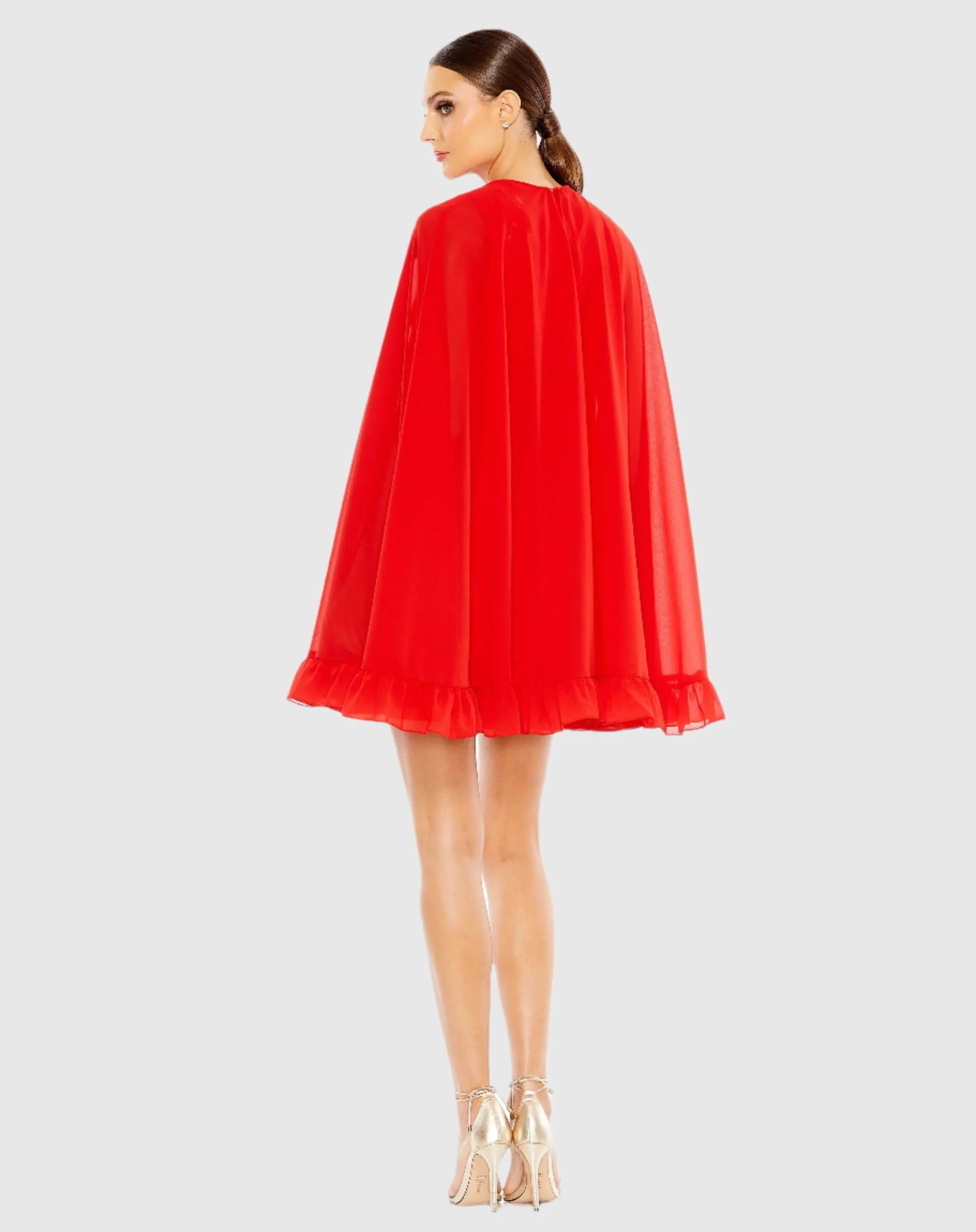 Red High Neck Ruffle Hem Cape Mini Dress
