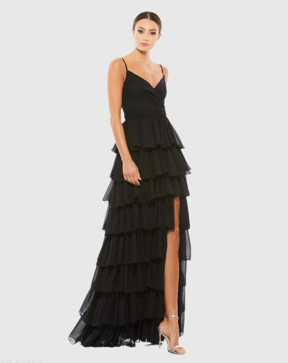 Black V-Neck Sleeveless Gown with Ruffled Skirt