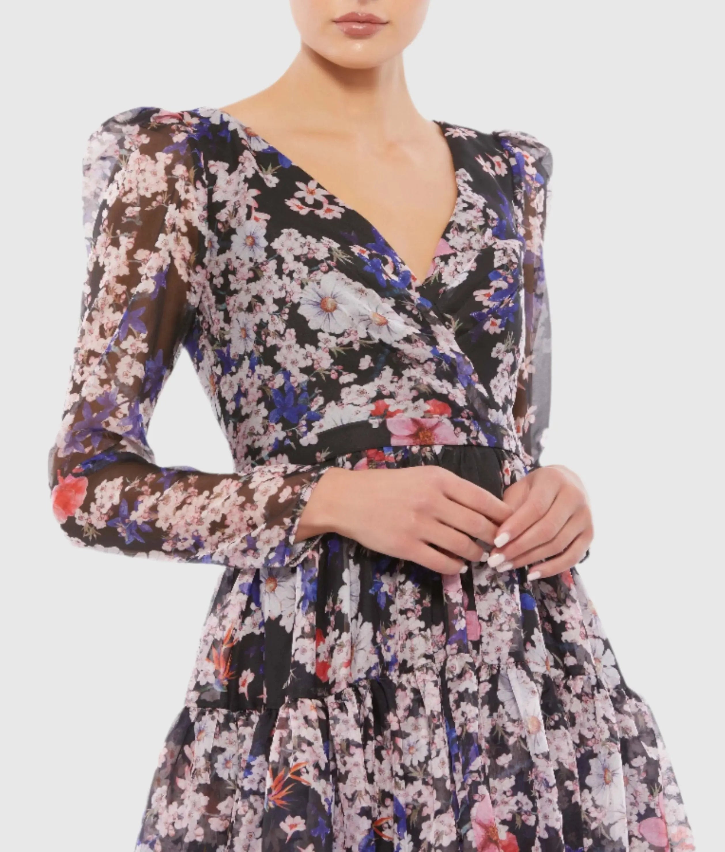 Black Floral Print Faux Wrap Long Sleeve Mini Dress - FINAL SALE