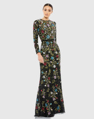 Black Floral Embellished Long Sleeve Gown