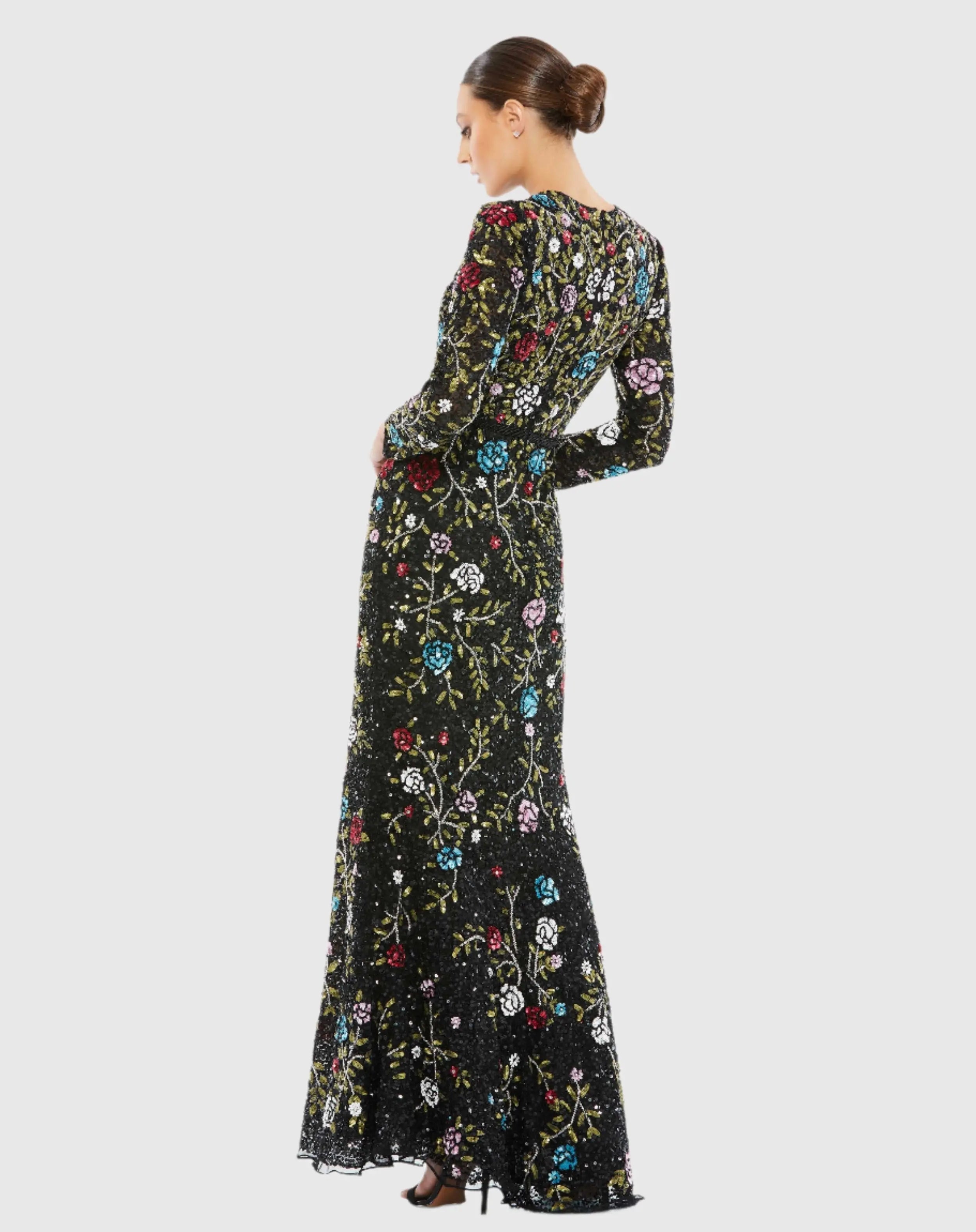Black Floral Embellished Long Sleeve Gown
