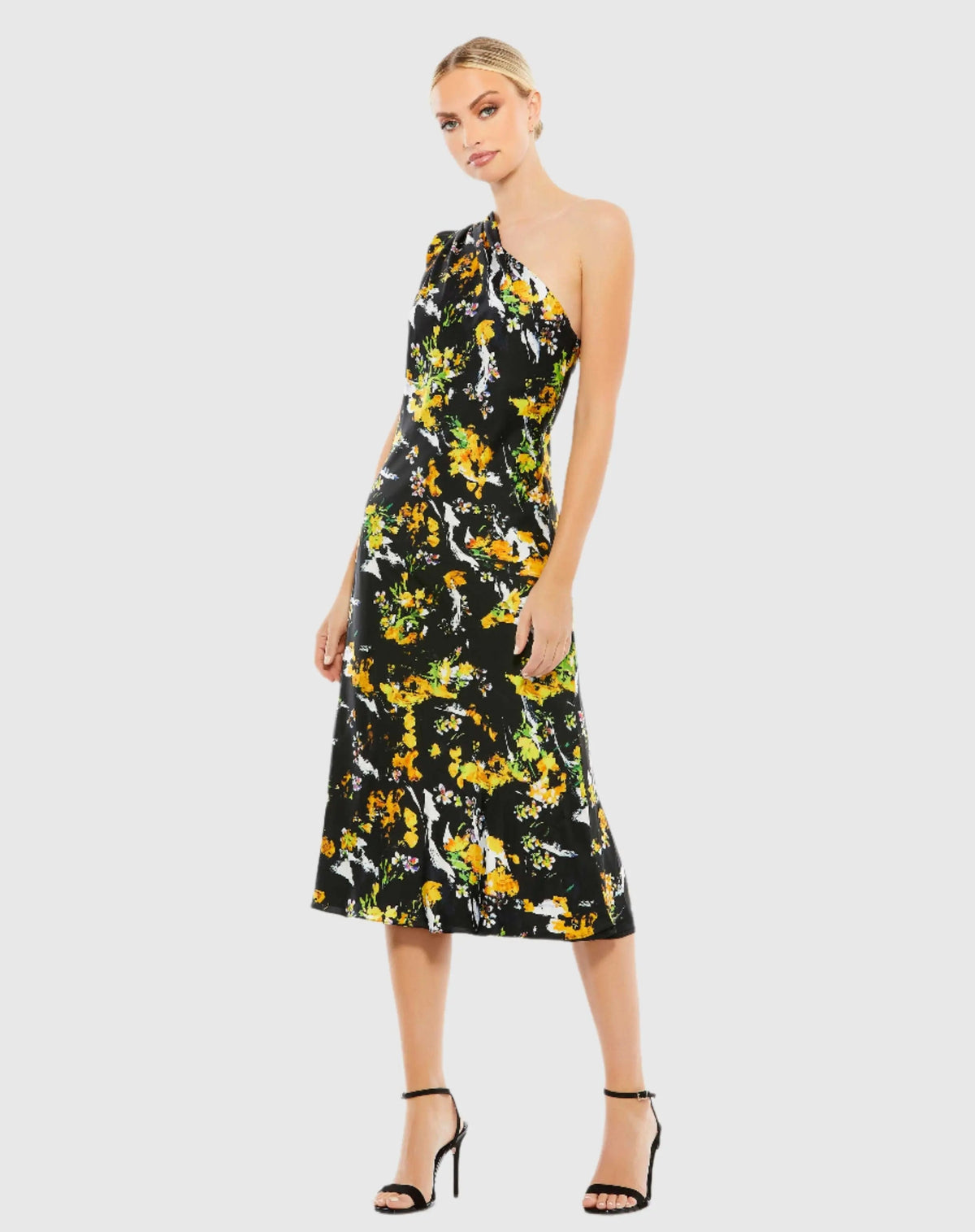 Black Floral Print Draped One Shoulder Midi Dress