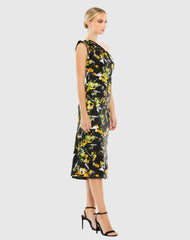 Black Floral Print Draped One Shoulder Midi Dress