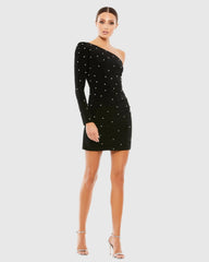 Black Rhinestone Encrusted One Shoulder Long Sleeve Mini Dress