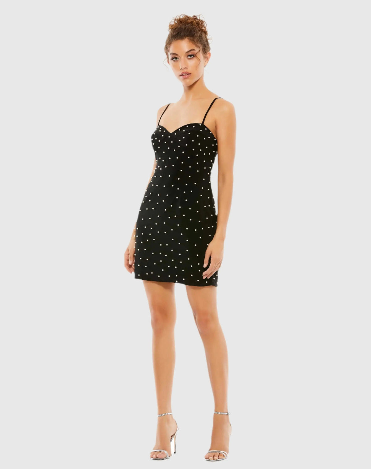 Black Sleeveless Pearl Encrusted Sweetheart Mini Dress