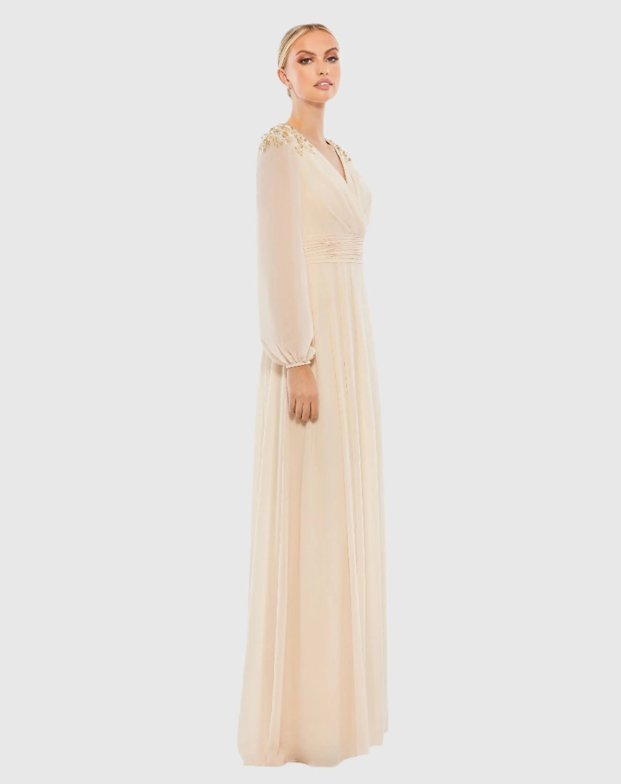 Beige Embellished Shoulder Blouson Sleeve Evening Gown