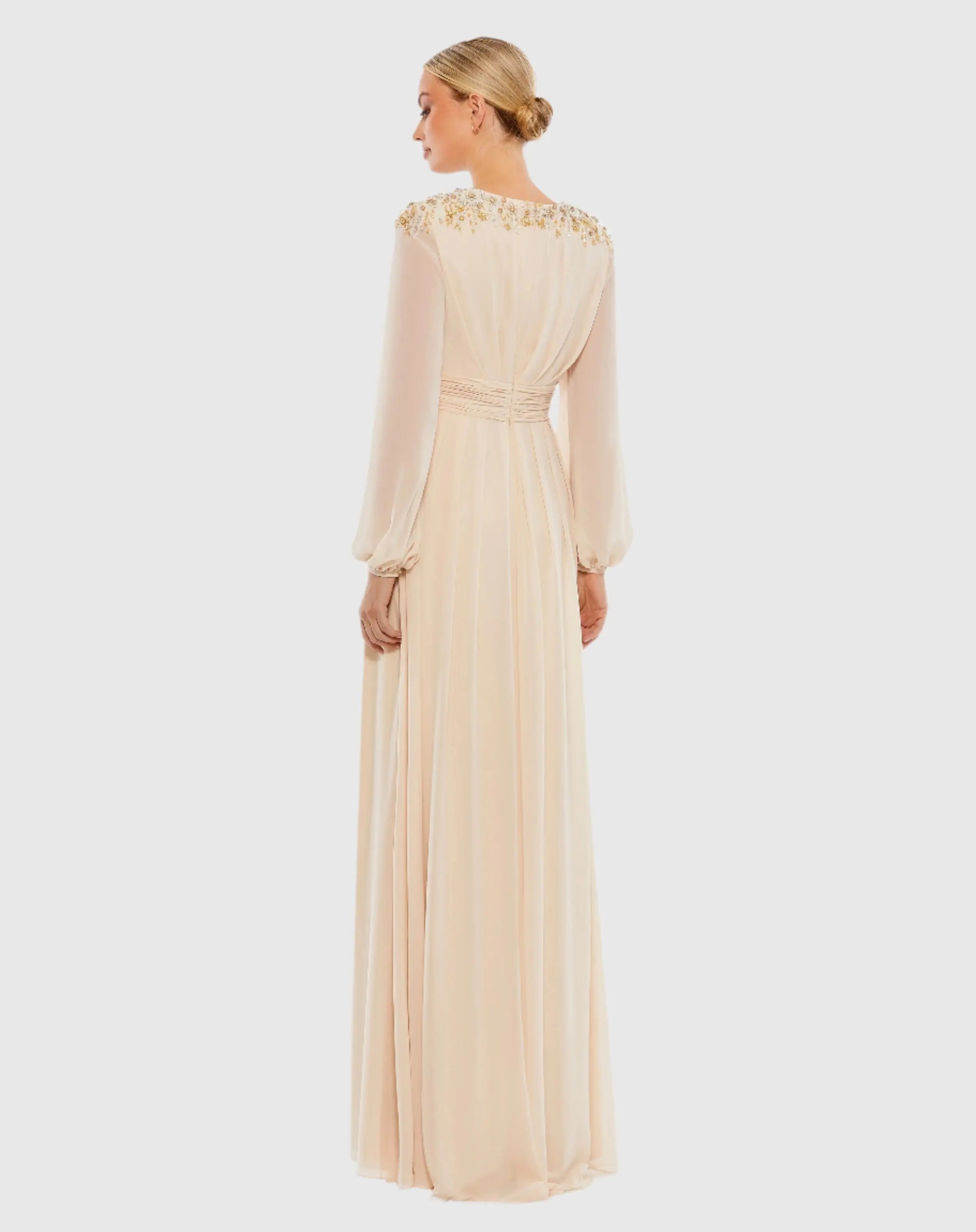 Beige Embellished Shoulder Blouson Sleeve Evening Gown