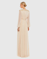 Beige Embellished Shoulder Blouson Sleeve Evening Gown