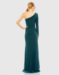 Dark Blue One Sleeve Beaded Cuff Side Twist Gown