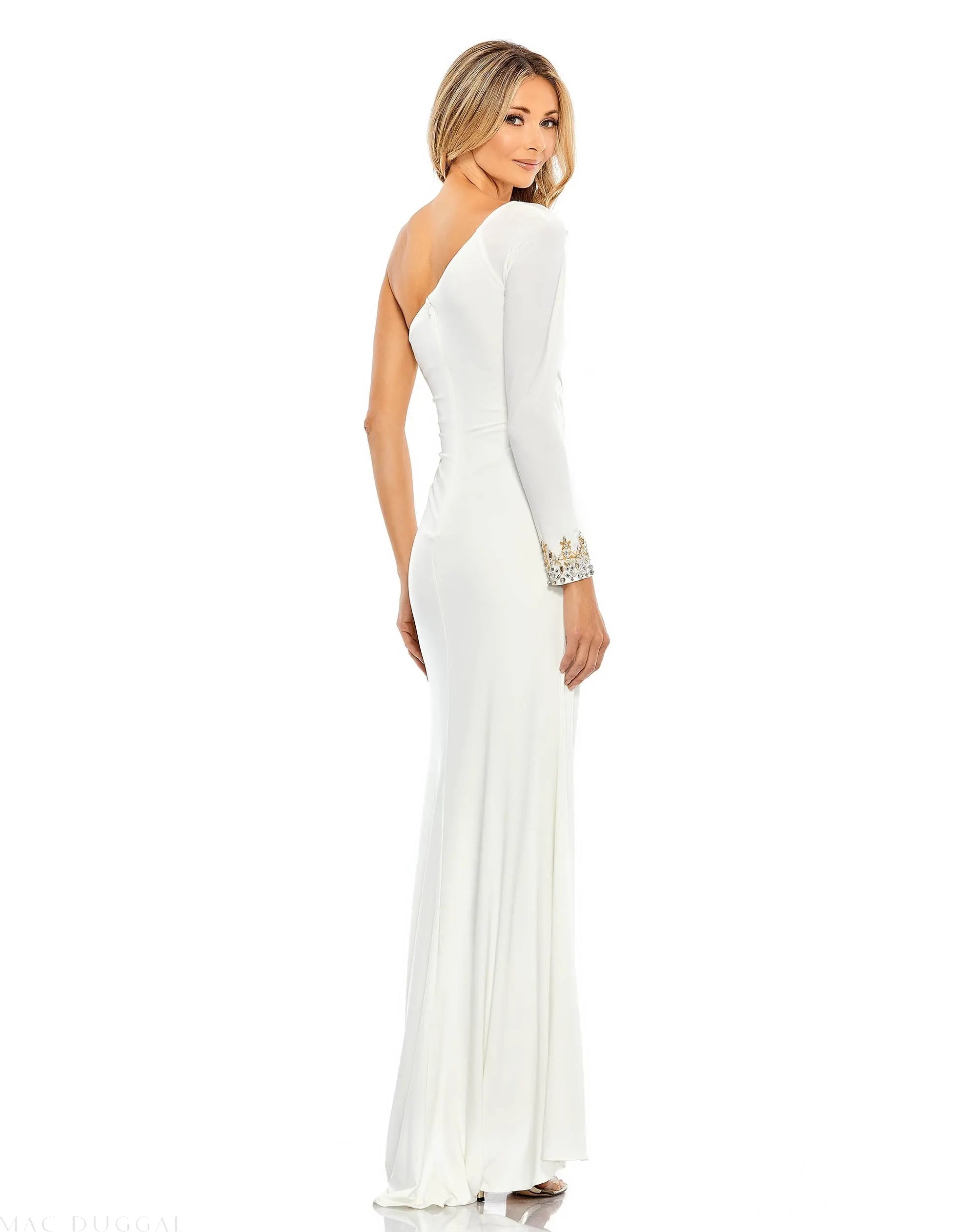 White One Sleeve Beaded Cuff Side Twist Gown