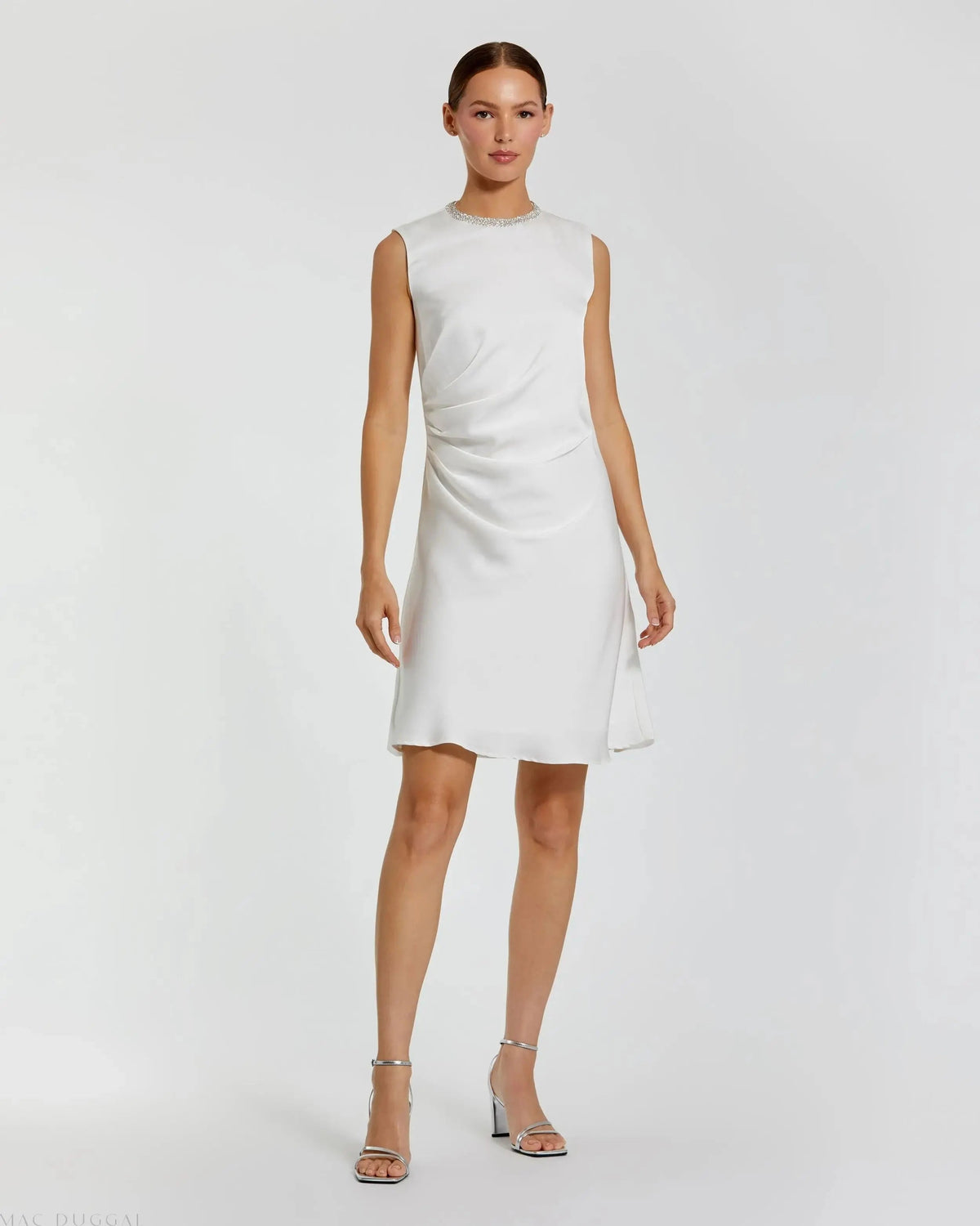 White Rhinestone Neckline Draped Mini Dress