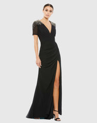 Black Sequin Embellished Shoulder Evening Gown