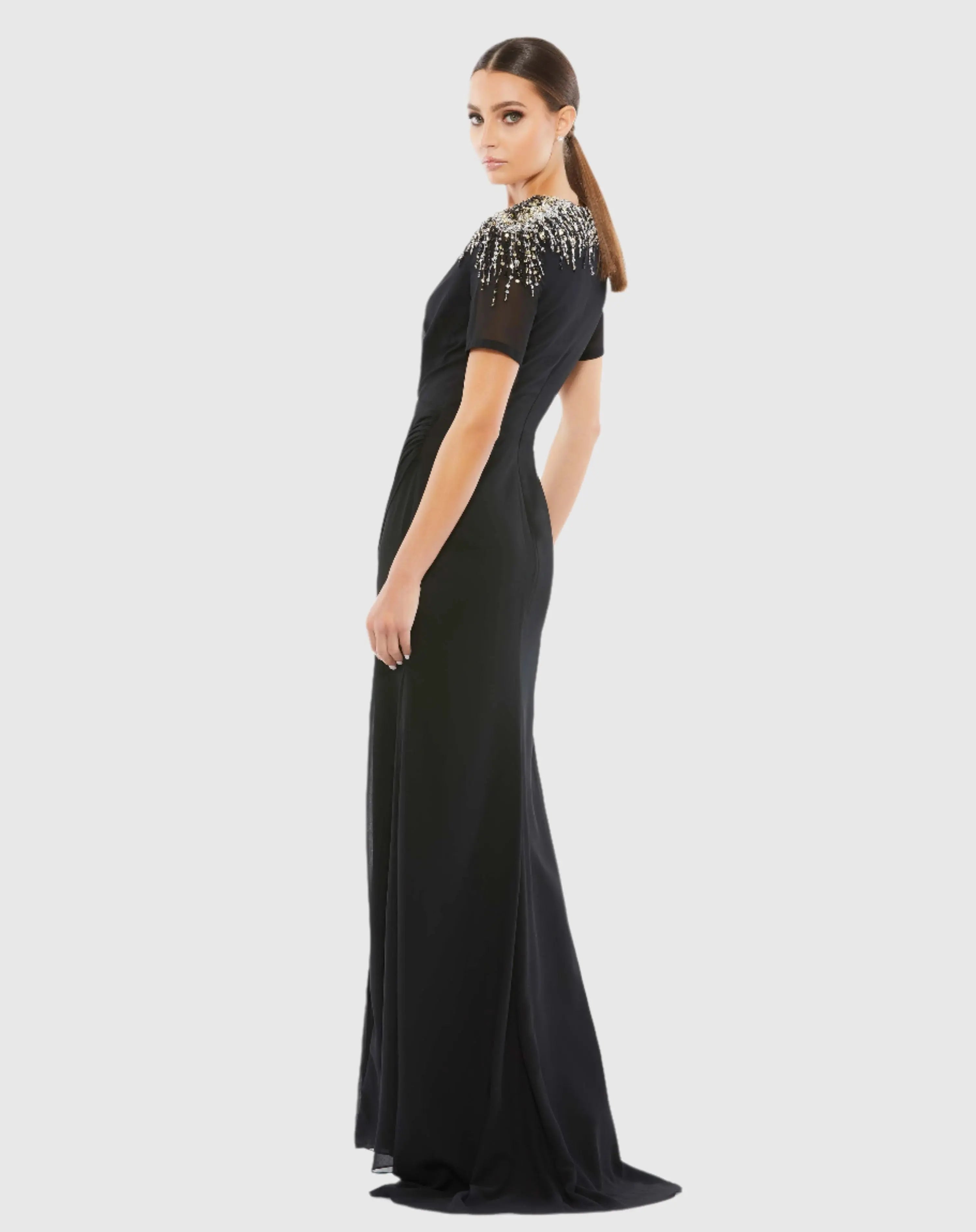 Black Sequin Embellished Shoulder Evening Gown