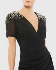 Black Sequin Embellished Shoulder Evening Gown