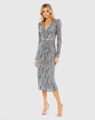 Silver Long Sleeve V Neck Beaded Cocktail Dress
