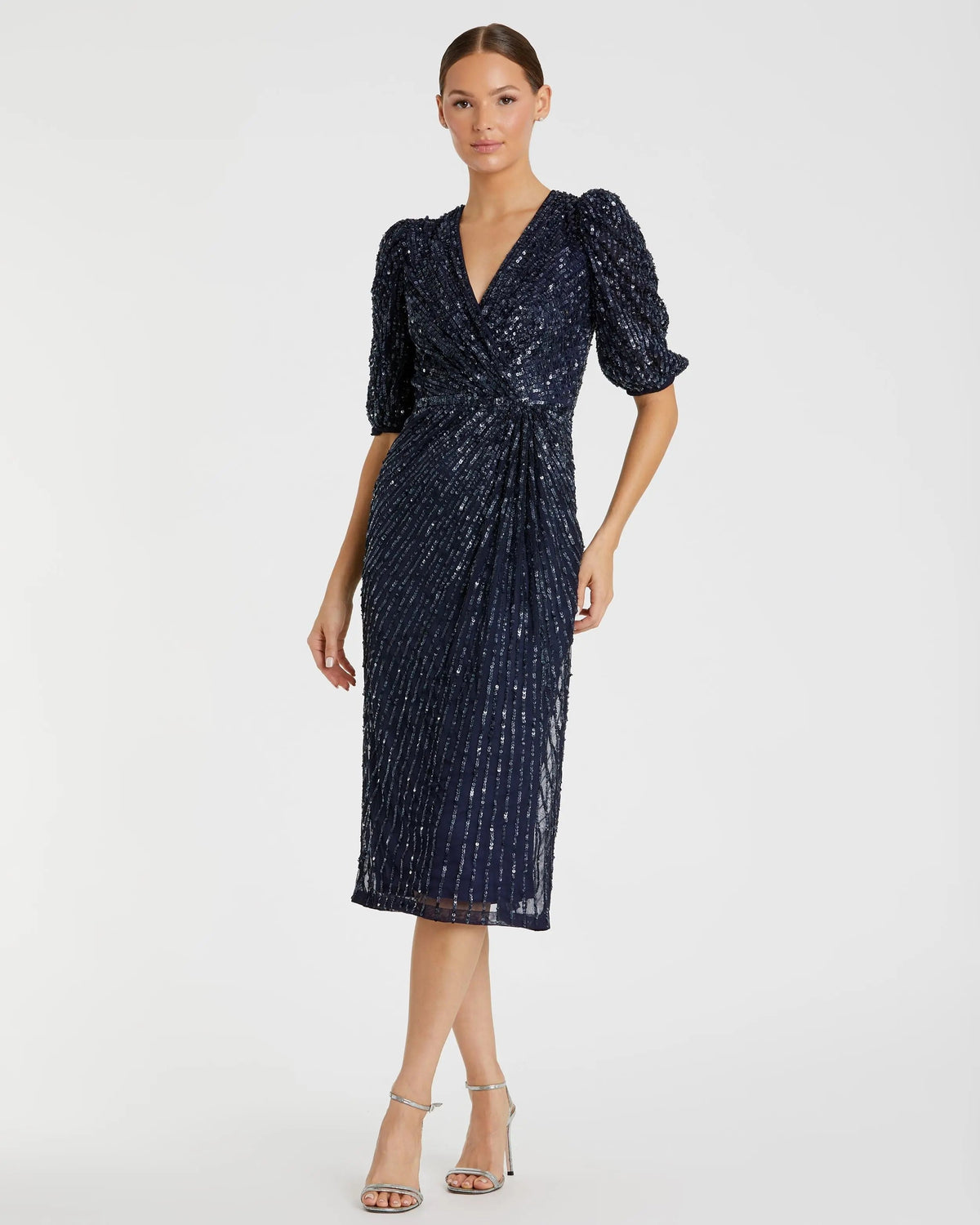Navy Sequined V-Neck Short Puff Sleeve Midi Dress