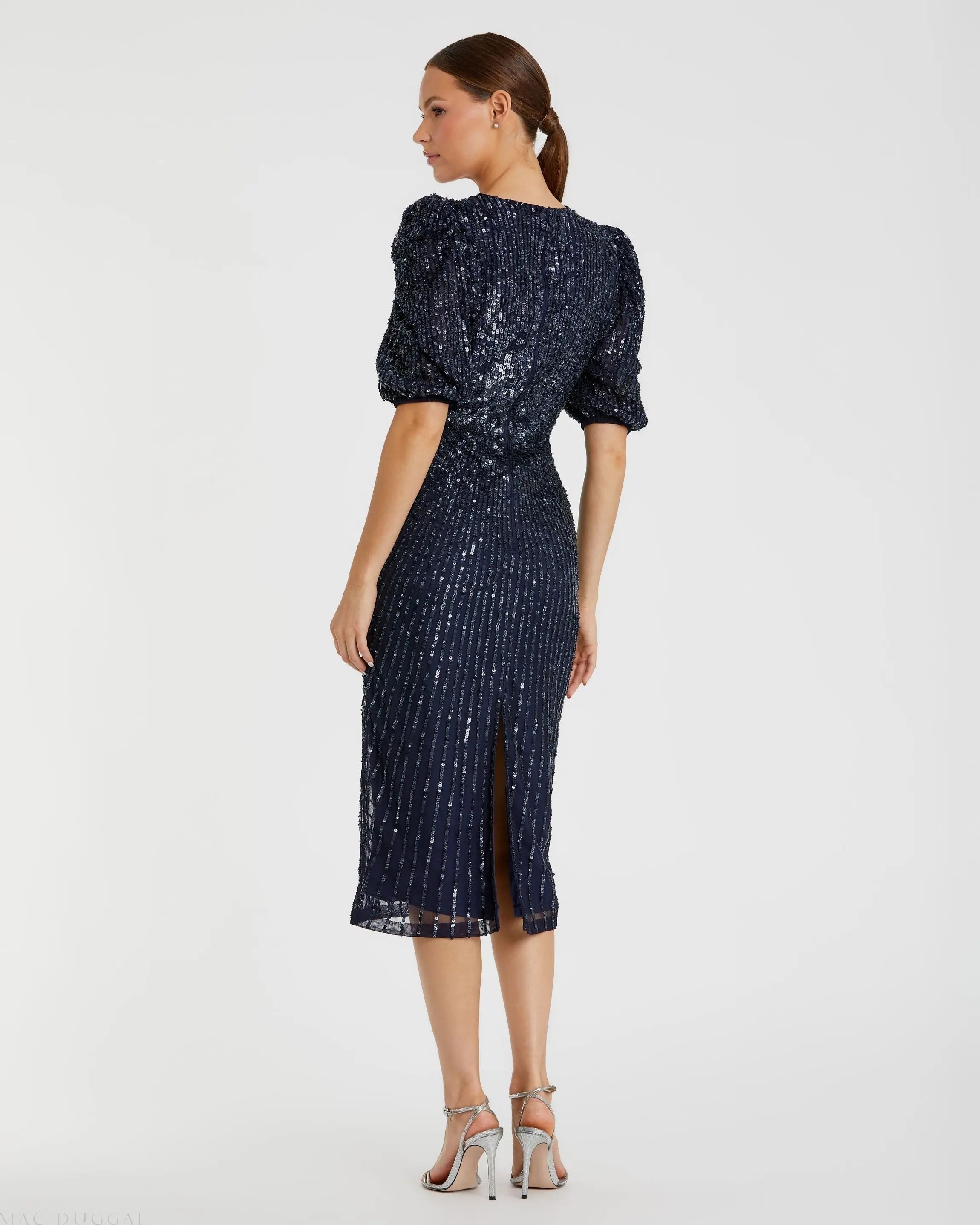 Navy Sequined V-Neck Short Puff Sleeve Midi Dress