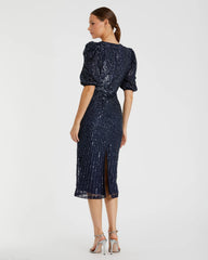 Navy Sequined V-Neck Short Puff Sleeve Midi Dress