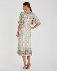 Silver Flounce Sleeve Midi Dress