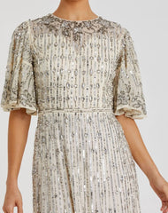 Silver Flounce Sleeve Midi Dress