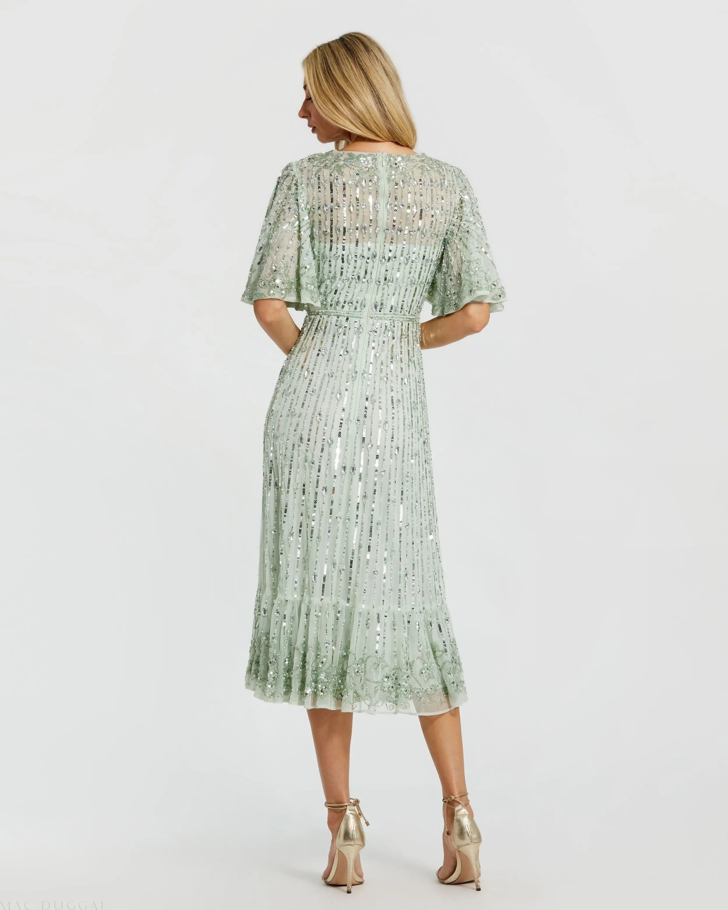 Green Flounce Sleeve Midi Dress
