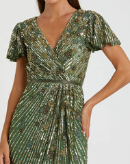 Green Embellished Faux Wrap Flutter Sleeve Dress