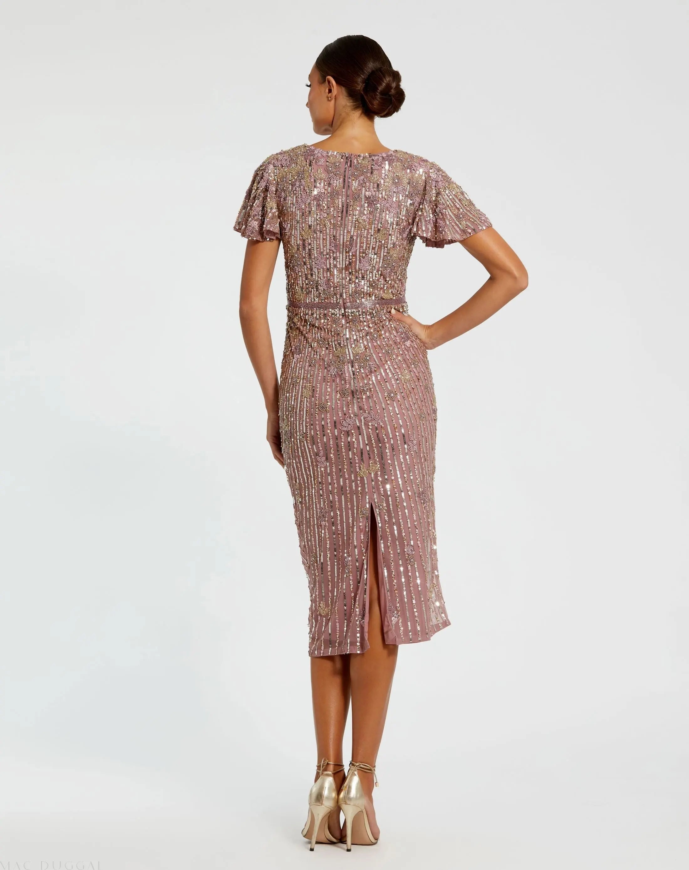 Purple Embellished Faux Wrap Flutter Sleeve Dress