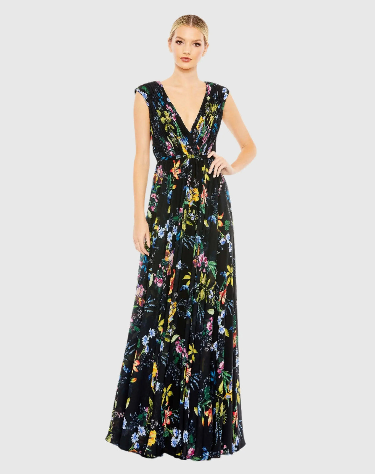 Black Multicolor Pleated Floral Cap Sleeve A Line Gown