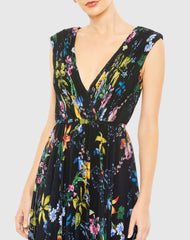 Black Multicolor Pleated Floral Cap Sleeve A Line Gown