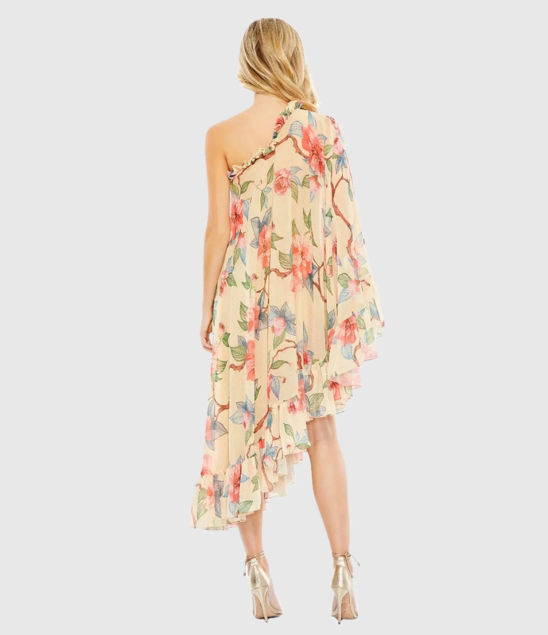Beige Floral Print One Shoulder Cape Dress