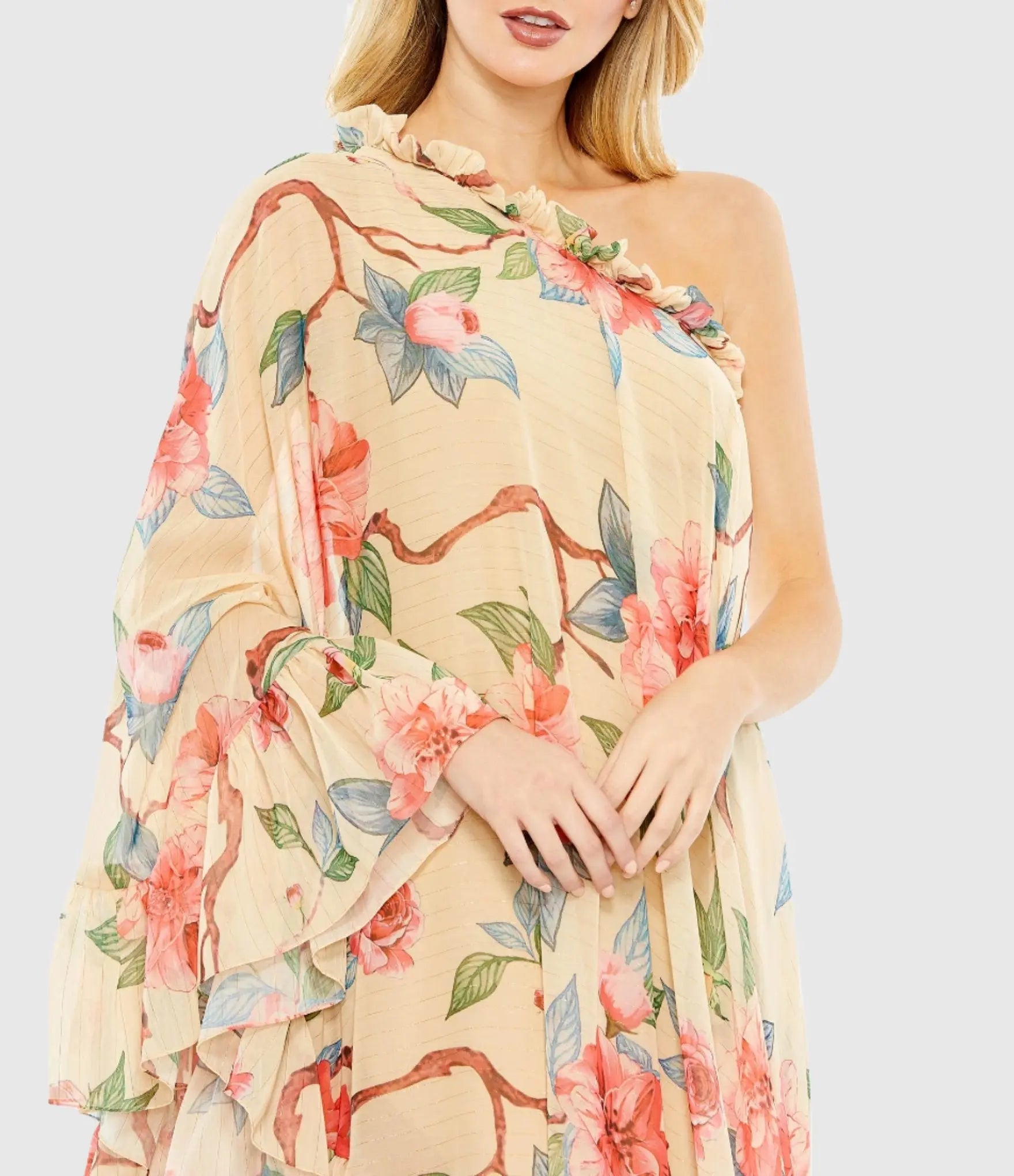 Beige Floral Print One Shoulder Cape Dress