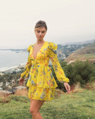 Yellow Floral Print Puff Sleeve Ruffled Mini Dress