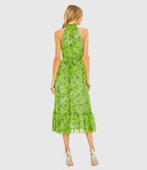 Green Floral Print High-Neck A-Line Midi Dress
