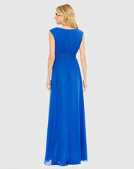 Blue Pleated Bateau Cap Sleeve A Line Gown