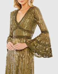 Green Embellished 3/4 Sleeve V Neck A Line Dress