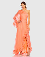 Orange One Sleeve Ruffled Hem Gown
