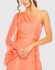 Orange One Sleeve Ruffled Hem Gown