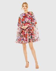 Multicolor Floral Printed Chiffon Cape Mini Dress