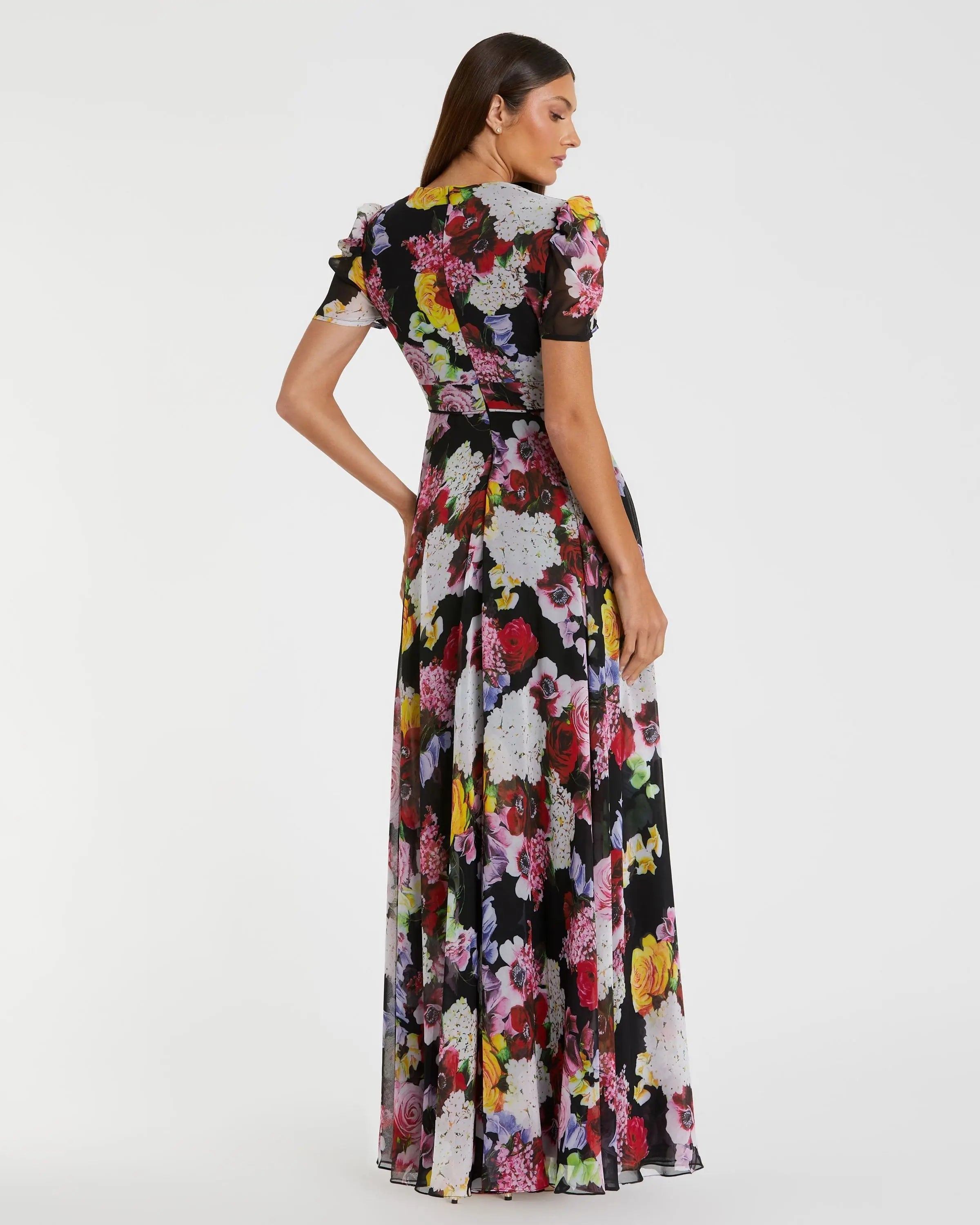 Black Floral Print Mesh Short Sleeve Gown