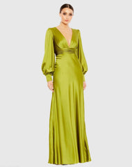 Green Charmeuse Bishop Sleeve V Neck Gown